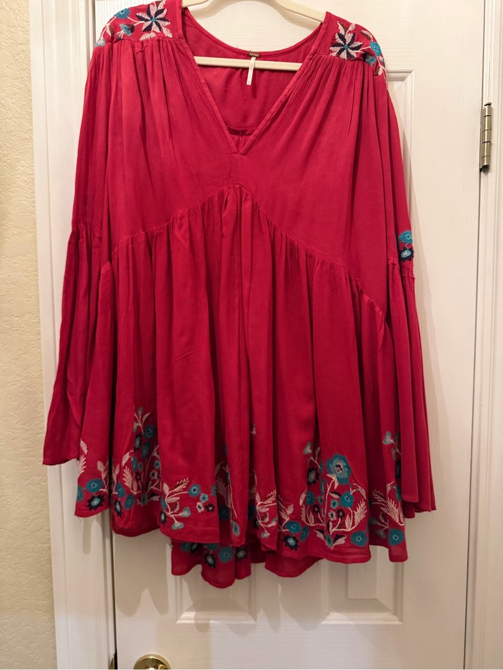 0005. Free People Crimson Red Embroidered V-Neck Mini Dress